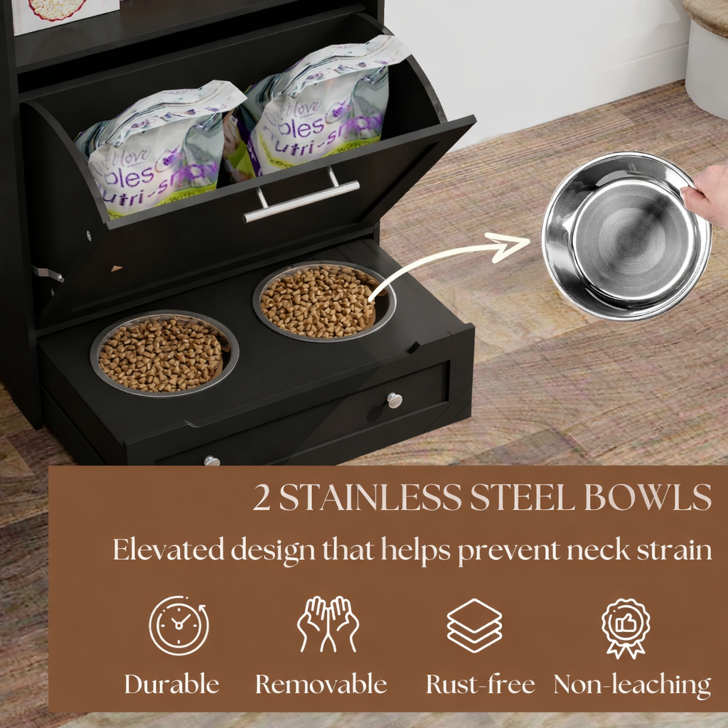 Hidden Pet Feeder Station with Storage Cabinet & Pull-Out Bowls